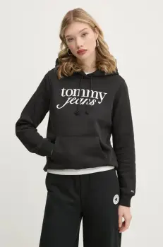 Tommy Jeans bluza femei, culoarea negru, cu gluga, cu imprimeu, DW0DW20170 imagine