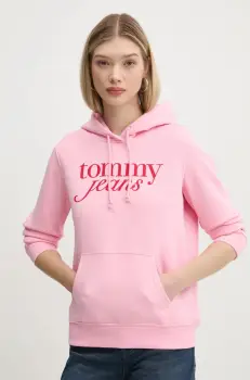 Tommy Jeans bluza femei, culoarea roz, cu gluga, cu imprimeu, DW0DW20170 imagine