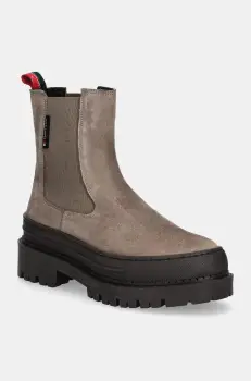Tommy Jeans botine din piele intoarsa TJW FOXING CHELSEA SUEDE femei, culoarea bej, cu platforma, EN0EN02631 imagine