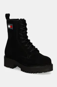 Tommy Jeans botine TJW URBAN LACE UP SUEDE femei, culoarea negru, cu toc plat, EN0EN02630 imagine