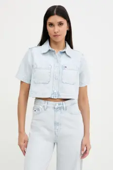 Tommy Jeans camasa de bumbac bluza albastra standard pentru femei cu guler clasic DW0DW21072 imagine