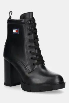 Tommy Jeans cizme de piele TJW HEEL LACE UP BOOT culoarea negru, cu toc drept, EN0EN02832 imagine