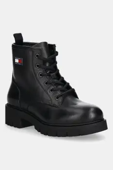 Tommy Jeans cizme de piele TJW LACE UP LEATHER BOOT culoarea negru, cu toc plat, EN0EN02824 imagine