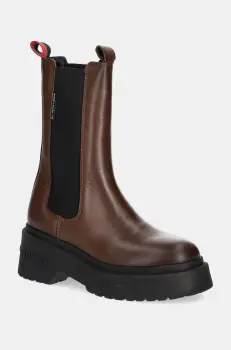 Tommy Jeans ghete chelsea de piele TJW CHUNKY CHELSEA femei, culoarea maro, cu platforma, EN0EN02635 imagine