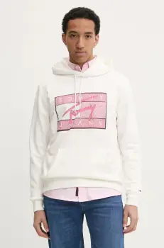 Tommy Jeans hanorac de bumbac barbati, culoarea bej, cu gluga, cu imprimeu, DM0DM21100 imagine