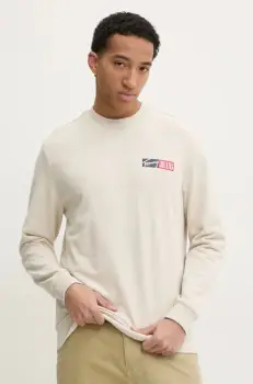 Tommy Jeans hanorac de bumbac barbati, culoarea bej, cu imprimeu, DM0DM20341 imagine