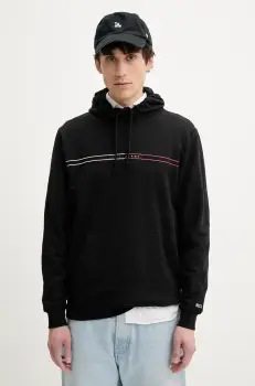 Tommy Jeans hanorac de bumbac barbati, culoarea negru, cu gluga, cu imprimeu, DM0DM20847 imagine