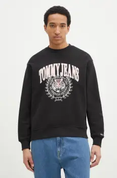 Tommy Jeans hanorac de bumbac barbati, culoarea negru, cu imprimeu, DM0DM20640 imagine