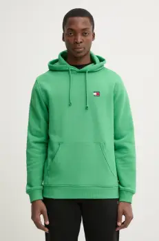 Tommy Jeans hanorac de bumbac barbati, culoarea verde, cu gluga, uni, DM0DM20258 imagine