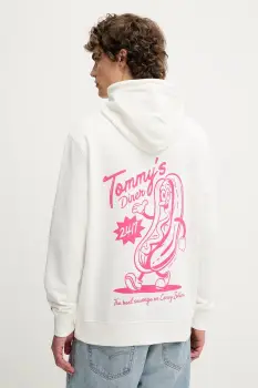 Tommy Jeans hanorac de bumbac culoarea alb, cu gluga, cu imprimeu, DM0DM21798 imagine