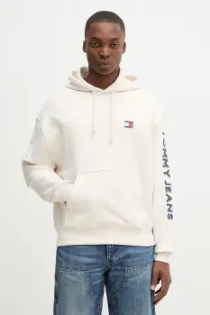 Tommy Jeans hanorac de bumbac culoarea bej, cu gluga, cu imprimeu, DM0DM21834 imagine