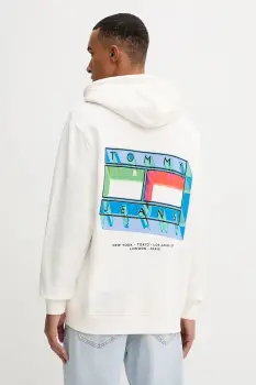 Tommy Jeans hanorac de bumbac culoarea bej, cu gluga, cu imprimeu, DM0DM22077 imagine