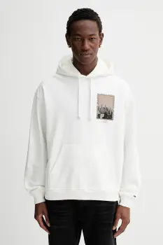 Tommy Jeans hanorac de bumbac culoarea bej, cu gluga, cu imprimeu, DM0DM22090 imagine