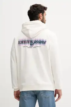 Tommy Jeans hanorac de bumbac culoarea bej, cu gluga, cu imprimeu, DM0DM22112 imagine