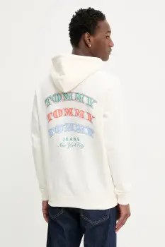 Tommy Jeans hanorac de bumbac culoarea bej, cu gluga, cu imprimeu, DM0DM22365 imagine