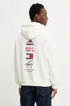 Tommy Jeans hanorac de bumbac culoarea bej, cu gluga, cu imprimeu, DM0DM22379 imagine