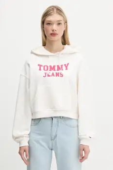 Tommy Jeans hanorac de bumbac culoarea bej, cu gluga, cu imprimeu, DW0DW21598 imagine