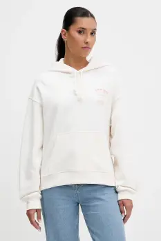 Tommy Jeans hanorac de bumbac culoarea bej, cu gluga, cu imprimeu, DW0DW21785 imagine