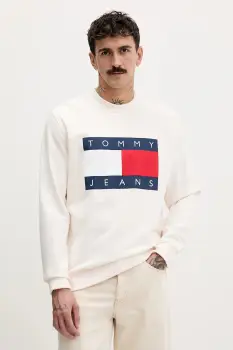 Tommy Jeans hanorac de bumbac culoarea bej, cu imprimeu, DM0DM22643 imagine