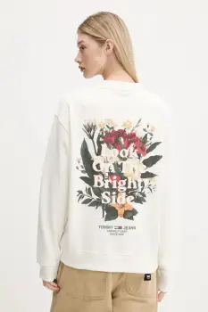 Tommy Jeans hanorac de bumbac culoarea bej, cu imprimeu, DW0DW21368 imagine