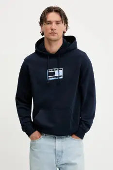 Tommy Jeans hanorac de bumbac culoarea bleumarin, cu gluga, cu imprimeu, DM0DM21623 imagine