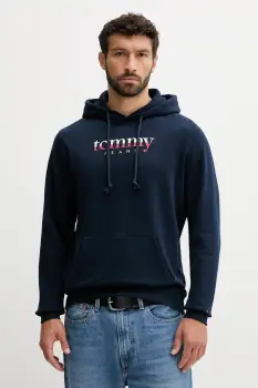 Tommy Jeans hanorac de bumbac culoarea bleumarin, cu gluga, cu imprimeu, DM0DM22113 imagine