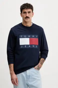Tommy Jeans hanorac de bumbac culoarea bleumarin, cu imprimeu, DM0DM22643 imagine
