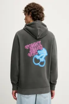 Tommy Jeans hanorac de bumbac culoarea gri, cu gluga, cu imprimeu, DM0DM21798 imagine