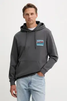 Tommy Jeans hanorac de bumbac culoarea gri, cu gluga, cu imprimeu, DM0DM22077 imagine