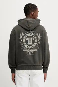 Tommy Jeans hanorac de bumbac culoarea gri, cu gluga, cu imprimeu, DM0DM22367 imagine