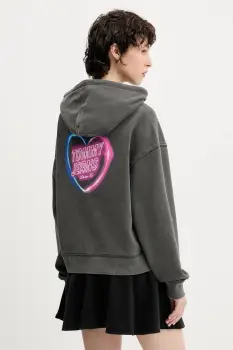 Tommy Jeans hanorac de bumbac culoarea gri, cu gluga, cu imprimeu, DW0DW20945 imagine