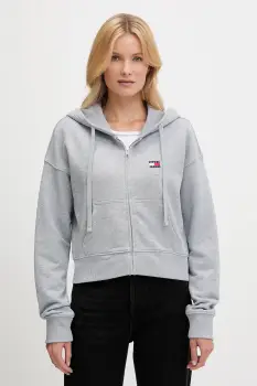 Tommy Jeans hanorac de bumbac culoarea gri, cu gluga, cu imprimeu, DW0DW21147 imagine