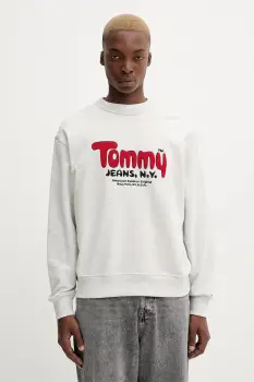 Tommy Jeans hanorac de bumbac culoarea gri, cu imprimeu, DM0DM22087 imagine