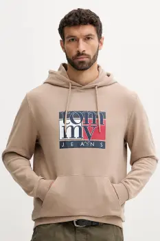 Tommy Jeans hanorac de bumbac culoarea maro, cu gluga, cu imprimeu, DM0DM22092 imagine
