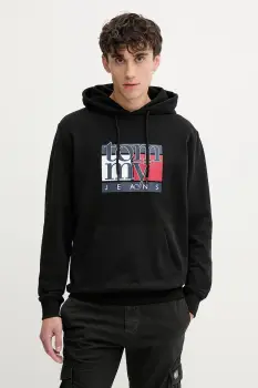 Tommy Jeans hanorac de bumbac culoarea negru, cu gluga, cu imprimeu, DM0DM22092 imagine