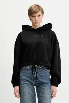 Tommy Jeans hanorac de bumbac culoarea negru, cu gluga, cu imprimeu, DW0DW21607 imagine