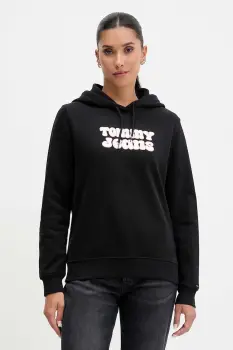 Tommy Jeans hanorac de bumbac culoarea negru, cu gluga, cu imprimeu, DW0DW21962 imagine