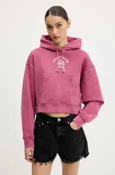 Tommy Jeans hanorac de bumbac culoarea roz, cu gluga, cu imprimeu, DW0DW20311 imagine