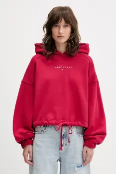 Tommy Jeans hanorac de bumbac culoarea roz, cu gluga, cu imprimeu, DW0DW21607 imagine