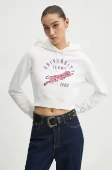 Tommy Jeans hanorac de bumbac femei, culoarea alb, cu gluga, cu imprimeu, DW0DW20171 imagine