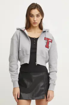 Tommy Jeans hanorac de bumbac femei, culoarea gri, cu gluga, melanj, DW0DW20535 imagine