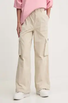 Tommy Jeans pantaloni de bumbac culoarea bej, lat, high waist, DW0DW18507 imagine