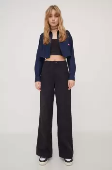 Tommy Jeans pantaloni de bumbac culoarea negru, lat, high waist imagine