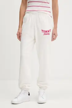 Tommy Jeans pantaloni de trening din bumbac culoarea bej, cu imprimeu, DW0DW22164 imagine