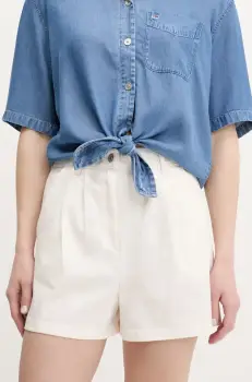 Tommy Jeans pantaloni scurti culoarea bej, uni, high waist, DW0DW21643 imagine