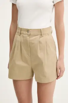 Tommy Jeans pantaloni scurti culoarea bej, uni, high waist, DW0DW21643 imagine