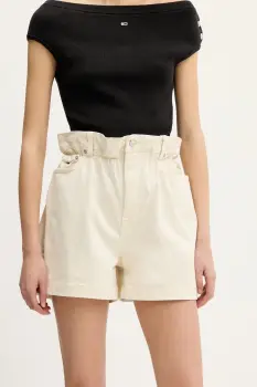 Tommy Jeans pantaloni scurti culoarea bej, uni, high waist, DW0DW21656 imagine