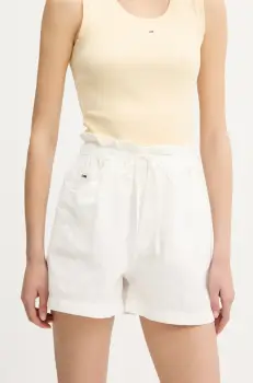 Tommy Jeans pantaloni scurti din amestec de in femei, culoarea alb, cu imprimeu, high waist, DW0DW20360 imagine