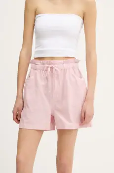 Tommy Jeans pantaloni scurti din amestec de in femei, culoarea roz, cu imprimeu, high waist, DW0DW20360 imagine