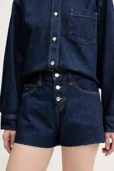 Tommy Jeans pantaloni scurti jeans culoarea bleumarin, uni, high waist, DW0DW20094 imagine